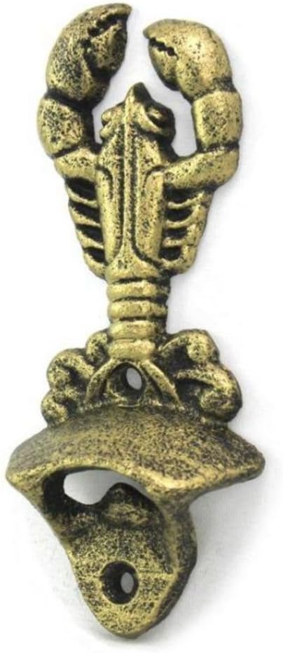 Hampton Nautical Antique Gold Cast Iron Wall Mounted Lobster Bottle Opener
