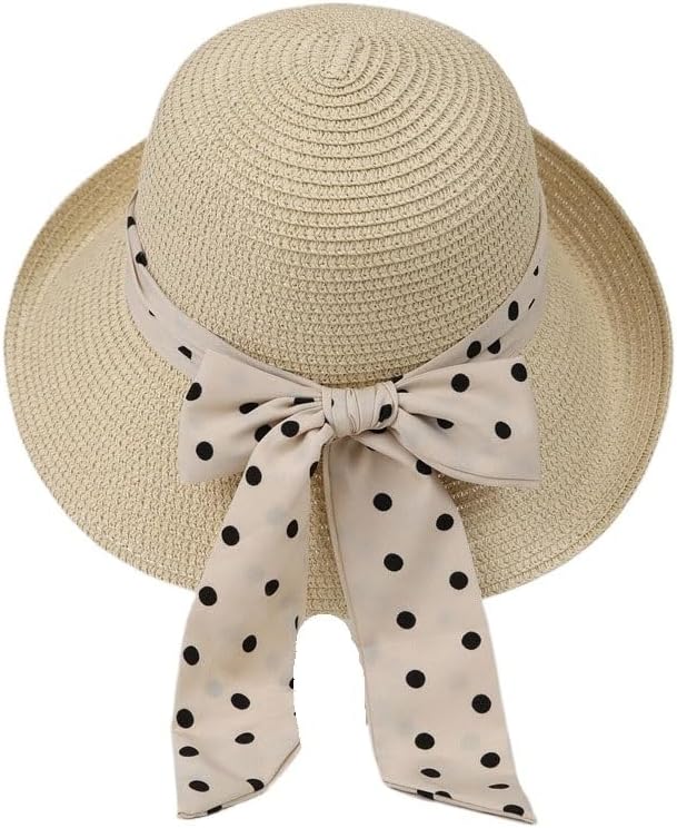Sunshade Hat Bow Bucket Vacation Sunscreen | Ladies Retro Woven with Dots Ribbon Elegant Foldable Casual Cap