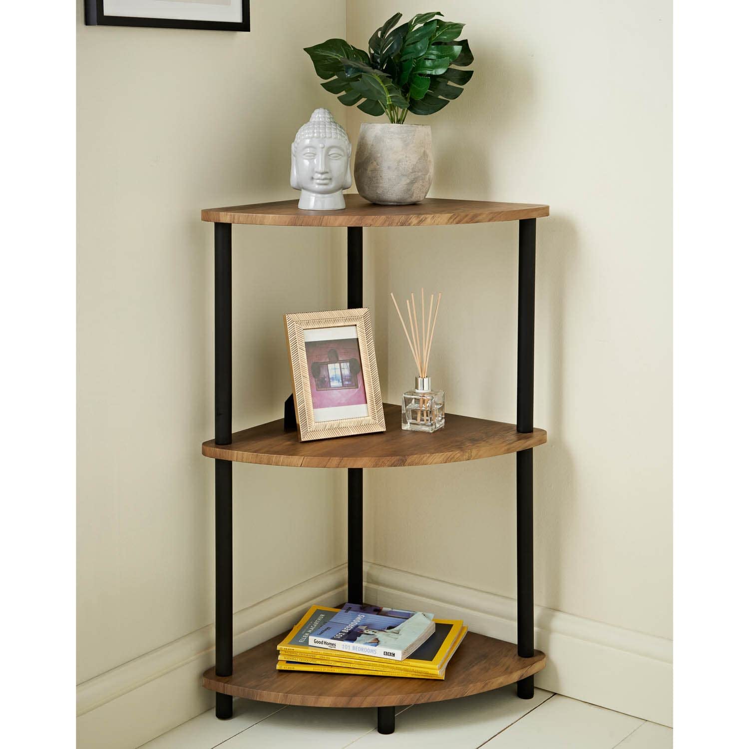 E2B® New Oak Effect 3 Tier Corner Storage Shelves Unit Black Metal Legs