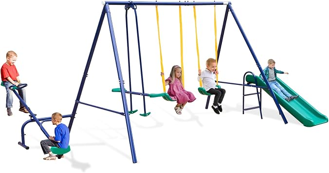 5 in 1 Swing Set with Seesaw, Belt Swing, Slide, Glider, Powder Coated Steel A-Frame for Backyard