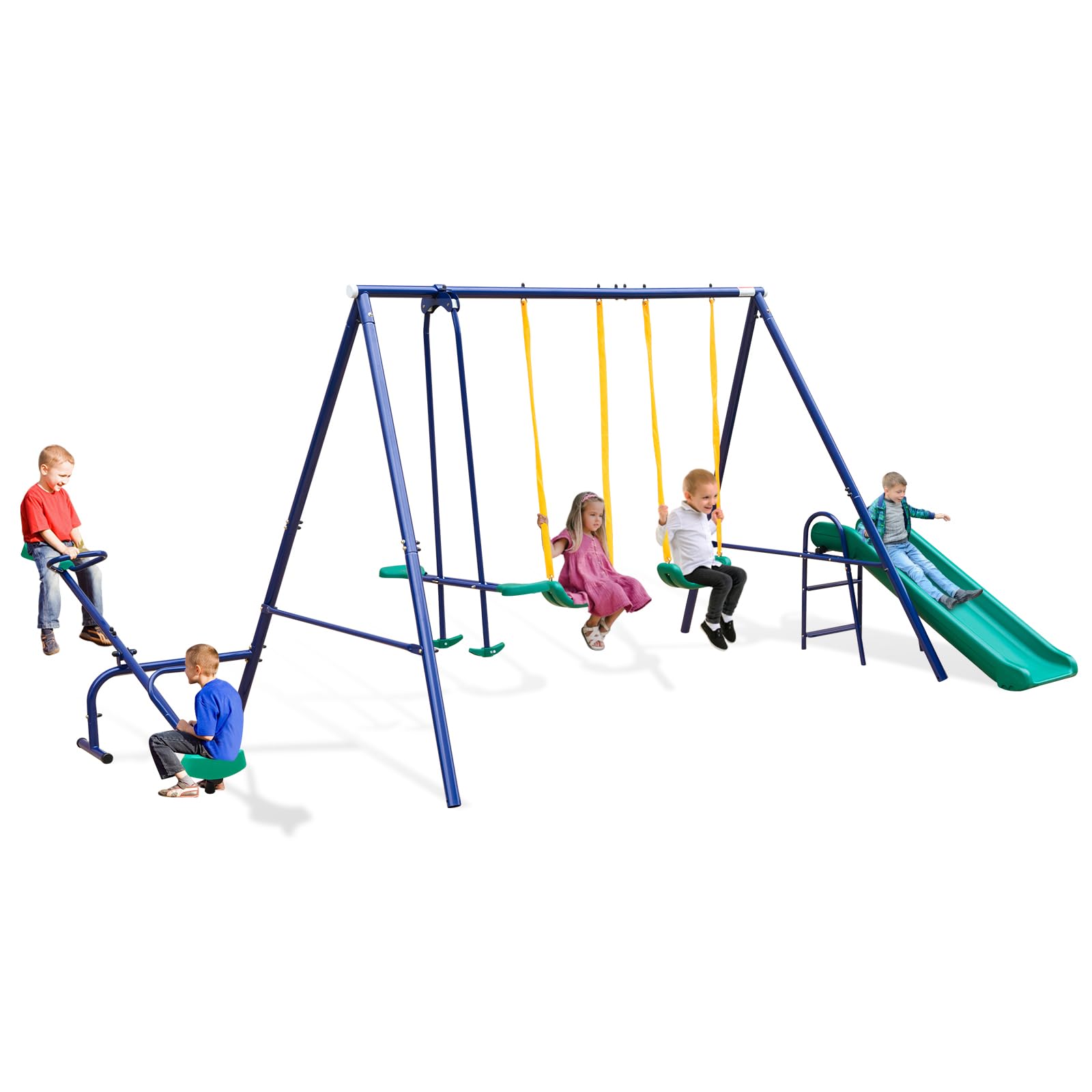 Rakon3 in 1 Multifunction Kids Swing Set, Metal for Backyard, Outdoor Heavy Duty Extra Large Frame with 2 Adjustable Swing, 1 Glider, 1 Slide,1 Seesaw