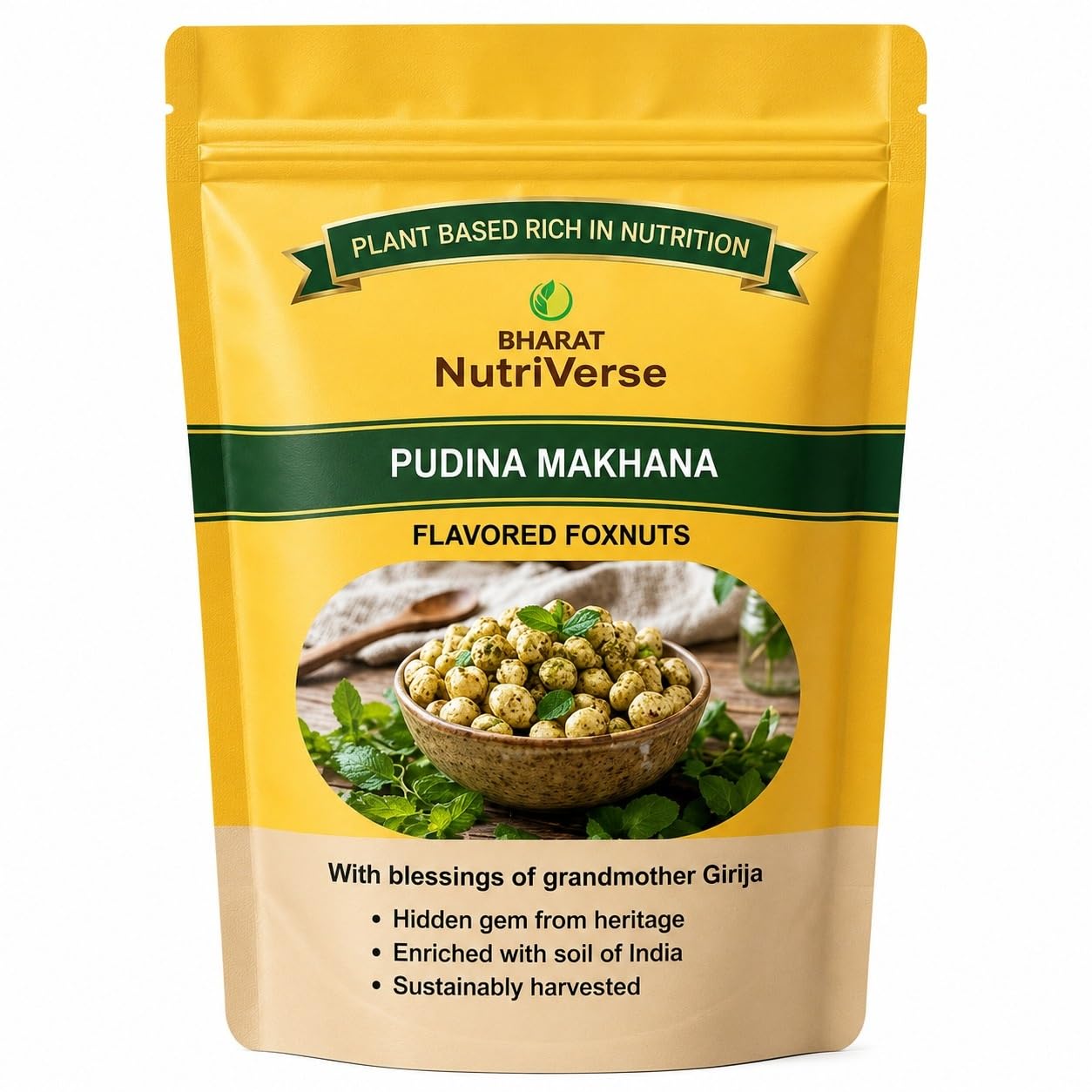 Bharat NutriVerse Pudina Makhana Flavored Foxnuts (Pack of 1) | Roasted Flavored Foxnuts | Crunchy & Healthy Plant-Based Snack-image-5