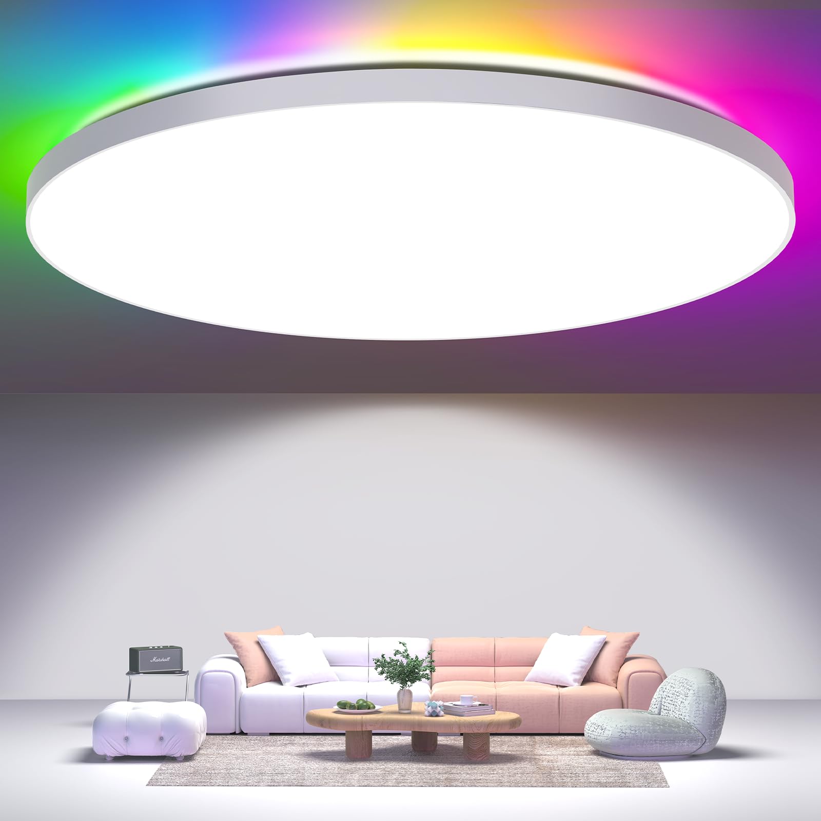 OUILA LED Deckenleuchte Dimmbar 24W RGB Farbwechsel Deckenlampe mit Fernbedienung 3000K-6500K 2400LM RGB+CCT Rund LED Panel Deckenbeleuchtung für Wohnzimmer Schlafzimmer Badezimmer kinderzimmer Ø28cm