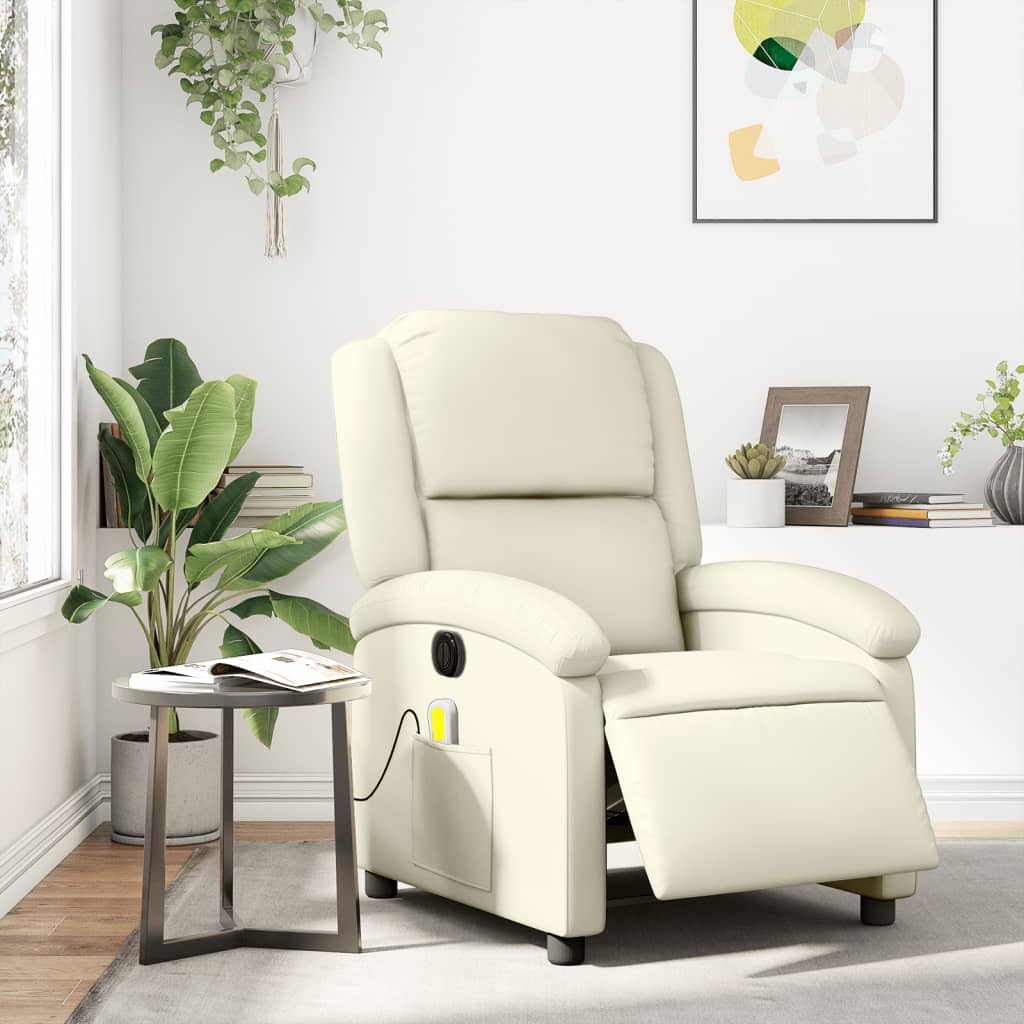 Massagesessel elektrisch in Creme Kunstleder mit 6-Punkt-Vibrationsmassage, Verstellbarer Rückenlehne und Fußstütze, Holz-Metall-Gestell, ergonomischer Sessel mit Seitentasche