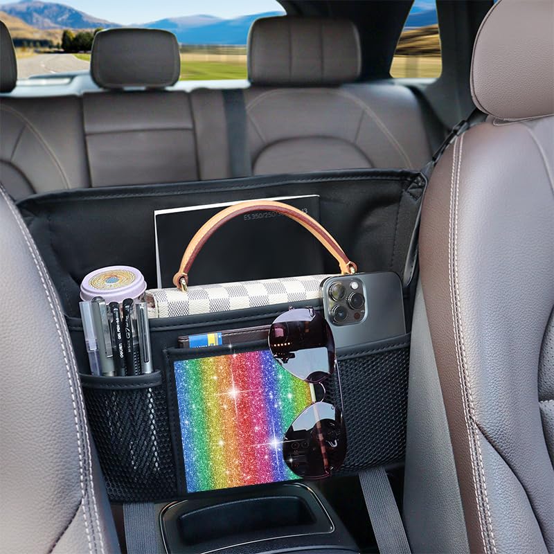 Donpeshe Color Diamond Car Handbag Holder Between Seats Bling Rhinestone Car Storage Bag Large Capacity Purse Phone Automotive Consoles Organizer Safe Barrier of Backseat Pet Kids…