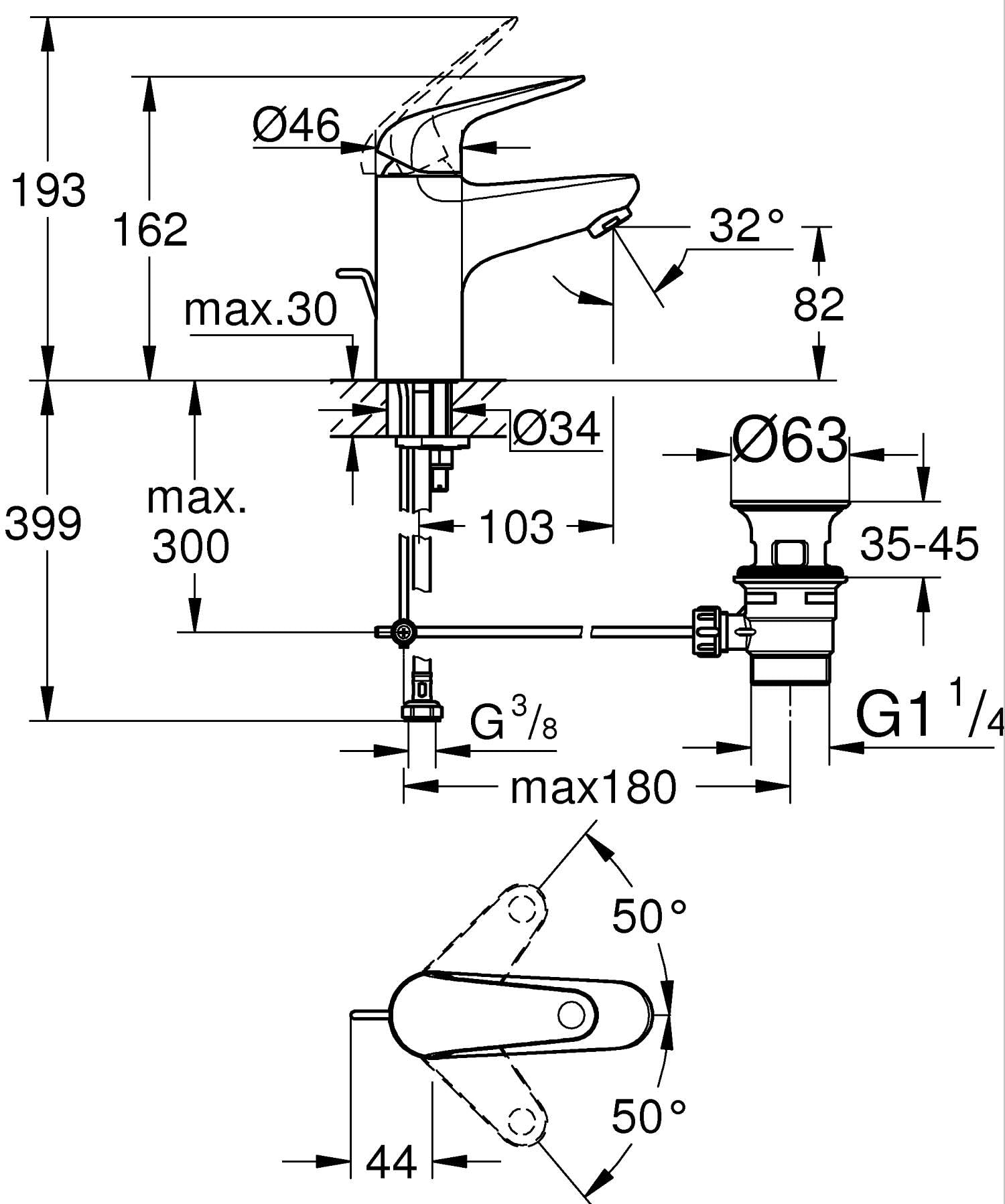 GROHE Swift Mitigeur Monocommande Lavabo, Economie d'Eau, Taille S, Tirette et Vidage, Installation Facile, Chromé, 24316001