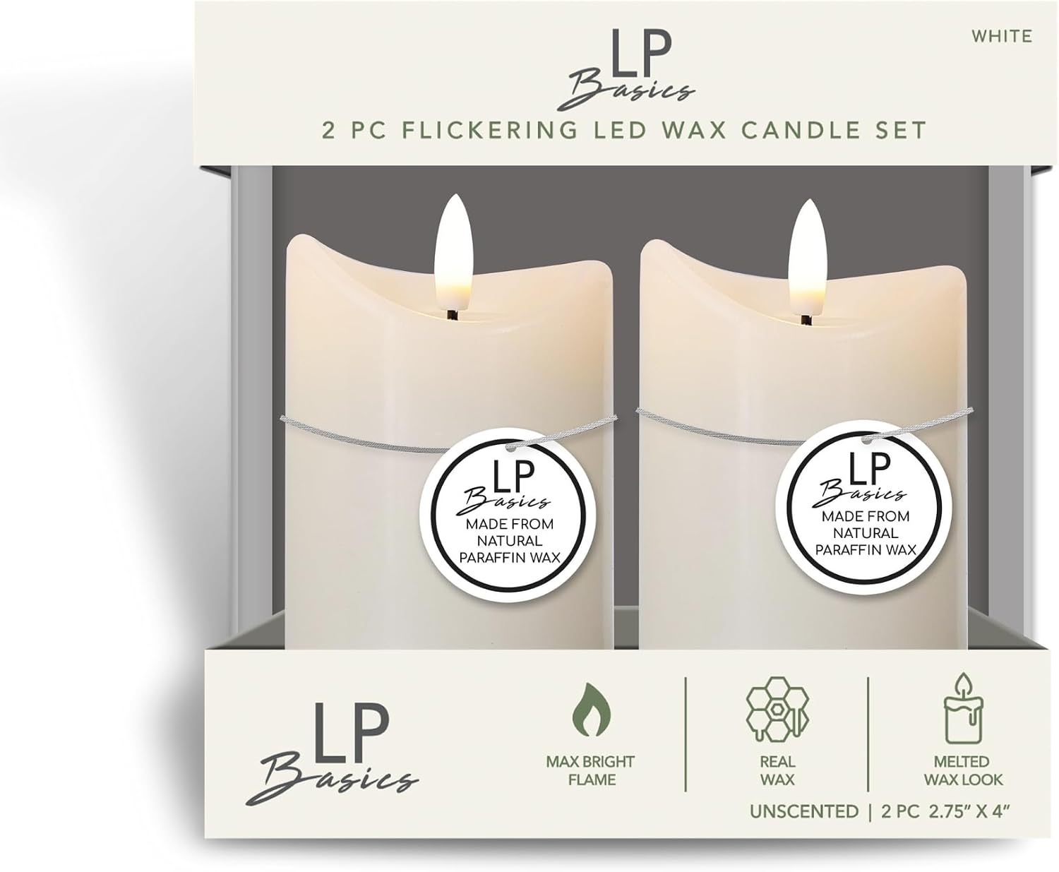 LumiPur Basics Flameless Flickering Wax Pillar LED Candles 2.75" x 4" (2 Pack, Linen White)