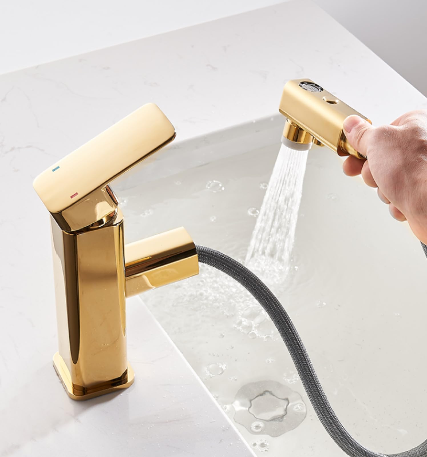 Baterie umywalkowe łazienkowe Miedziana bateria wyciągana Umywalka łazienkowa Umywalka do rąk Bateria Golden Basin Płyn do płukania ust Ciepła i zimna woda, Golden High Style