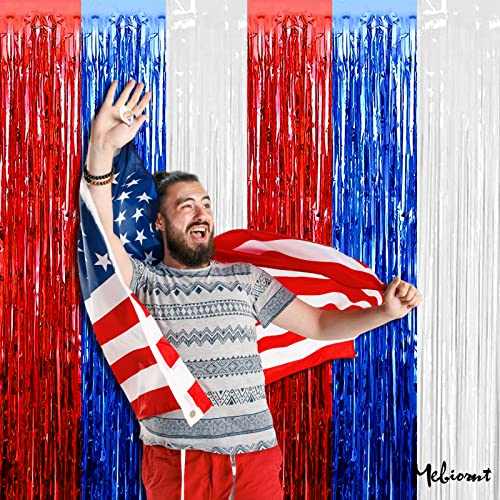 Image of 4 Pack 3.2Ft x 6.6Ft Independence Day Fringe Curtain Backdrop, Red Blue White Metallic Tinsel Foil Fringe Streamers Curtains Background for Photo Booth Birthday Wedding Carnival Party Decorations