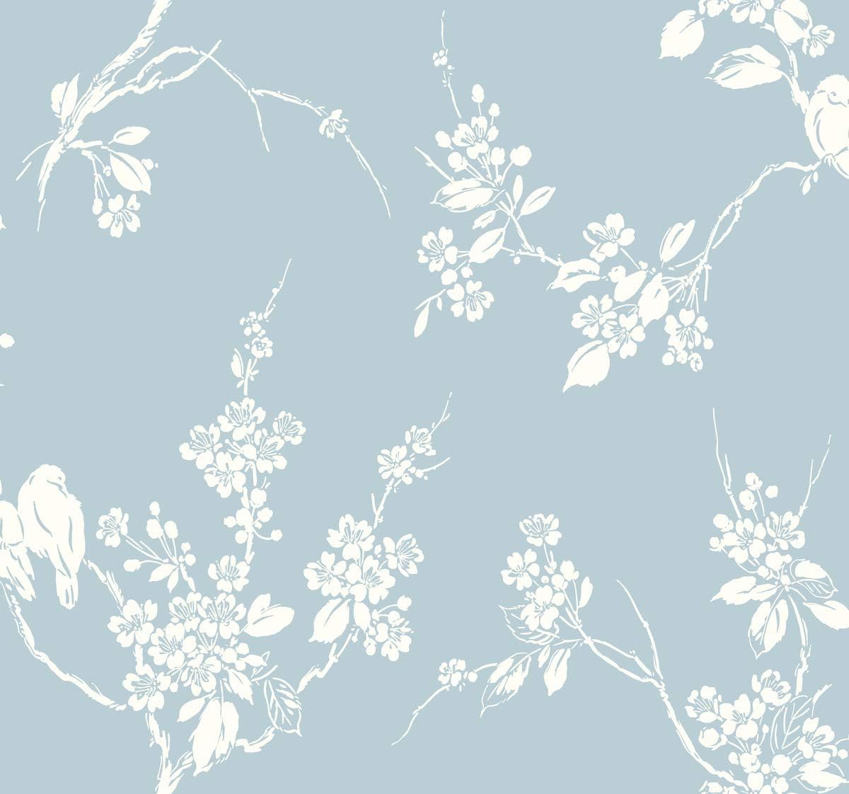 Branch Wallpaper with Imperial Blossoms - Robin's Egg by York Wallcoverings