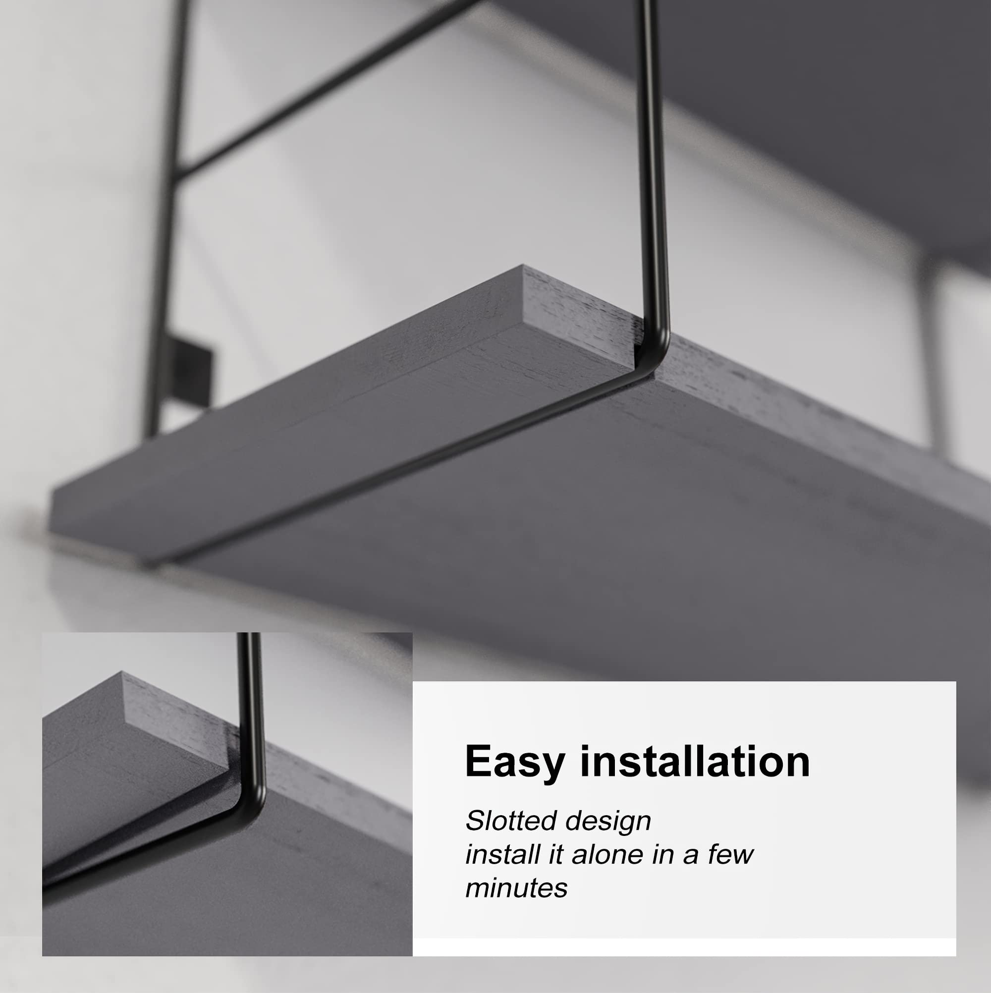 RICHER HOUSE 5-Tier Floating Shelves with Metal Frame, 5 Pcs Wall Mounted Shelf for Wall Decor, Rustic Wood Hanging Shelves with Metal Frame Storage for Living Room/Bathroom/Bedroom - Grey