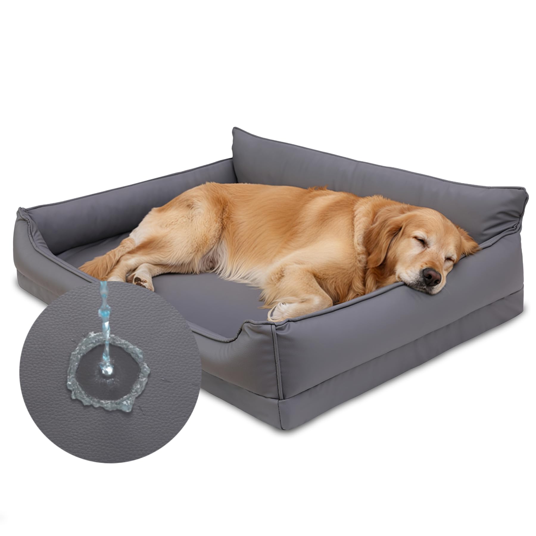 Favodormir Orthopädisches Hundebett,Wasserdicht Kunstleder Hundesofa-111x81cm für Grosse Hunde,Hundekorb mit Eierkisten-Schaum,Abnehmbarer Waschbar Hundekissen,rutschfeste Hundebetten,Grau