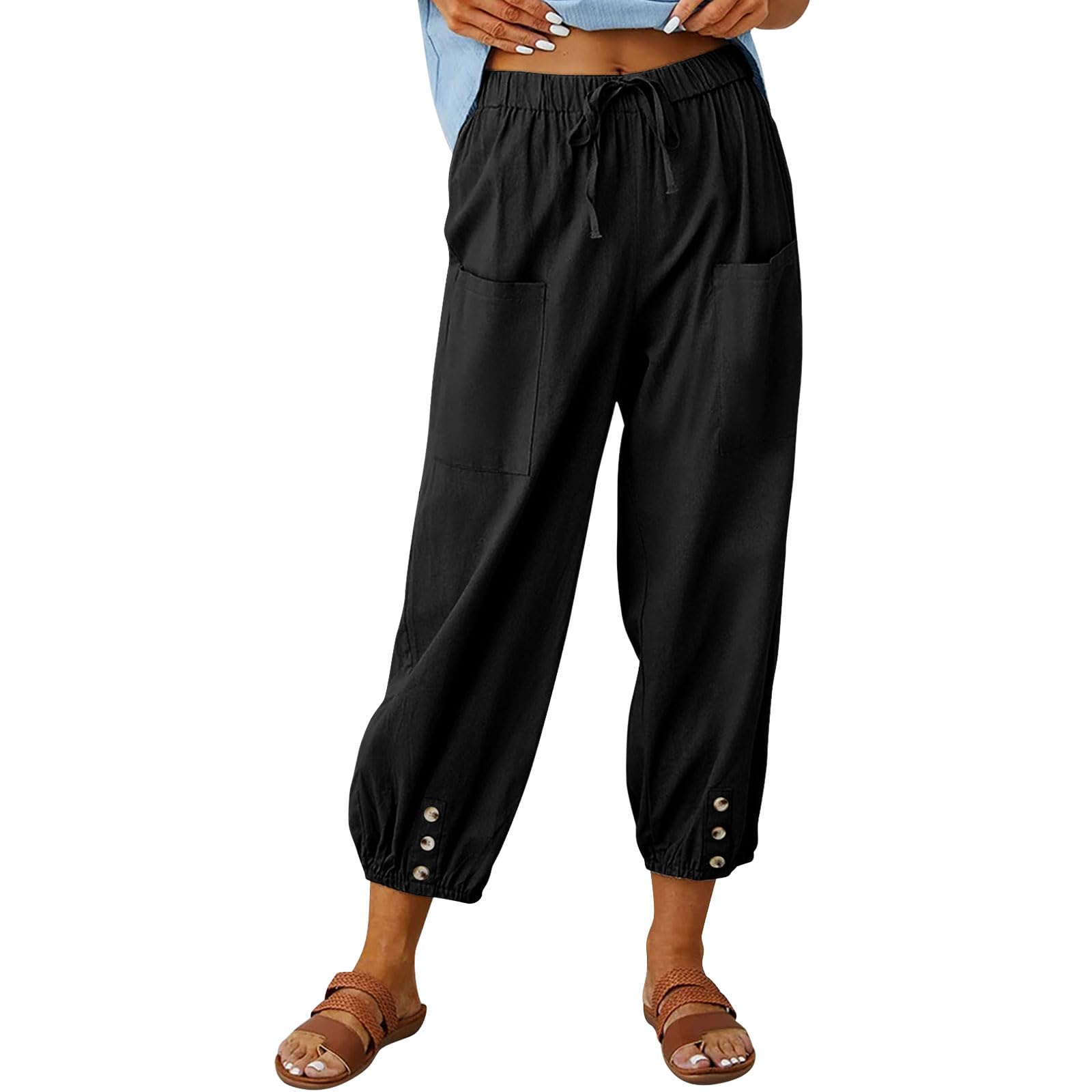 Pantalon Femme Été Léger Pantacourt 7/8 Longueur Coton Taille Elastique Fluide Pantalon de Plage Ample Décontracté