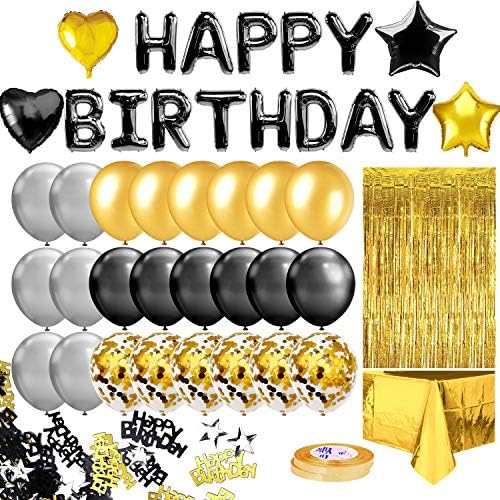 MOVINPE Black Gold Birthday Party Decoration, Black Happy Birthday Banner, Golden Fringe Curtain, Foil Tablecloth, Heart Star Confetti Balloons, 10g Table Confetti for Girl Boy Kids Men Women Adults