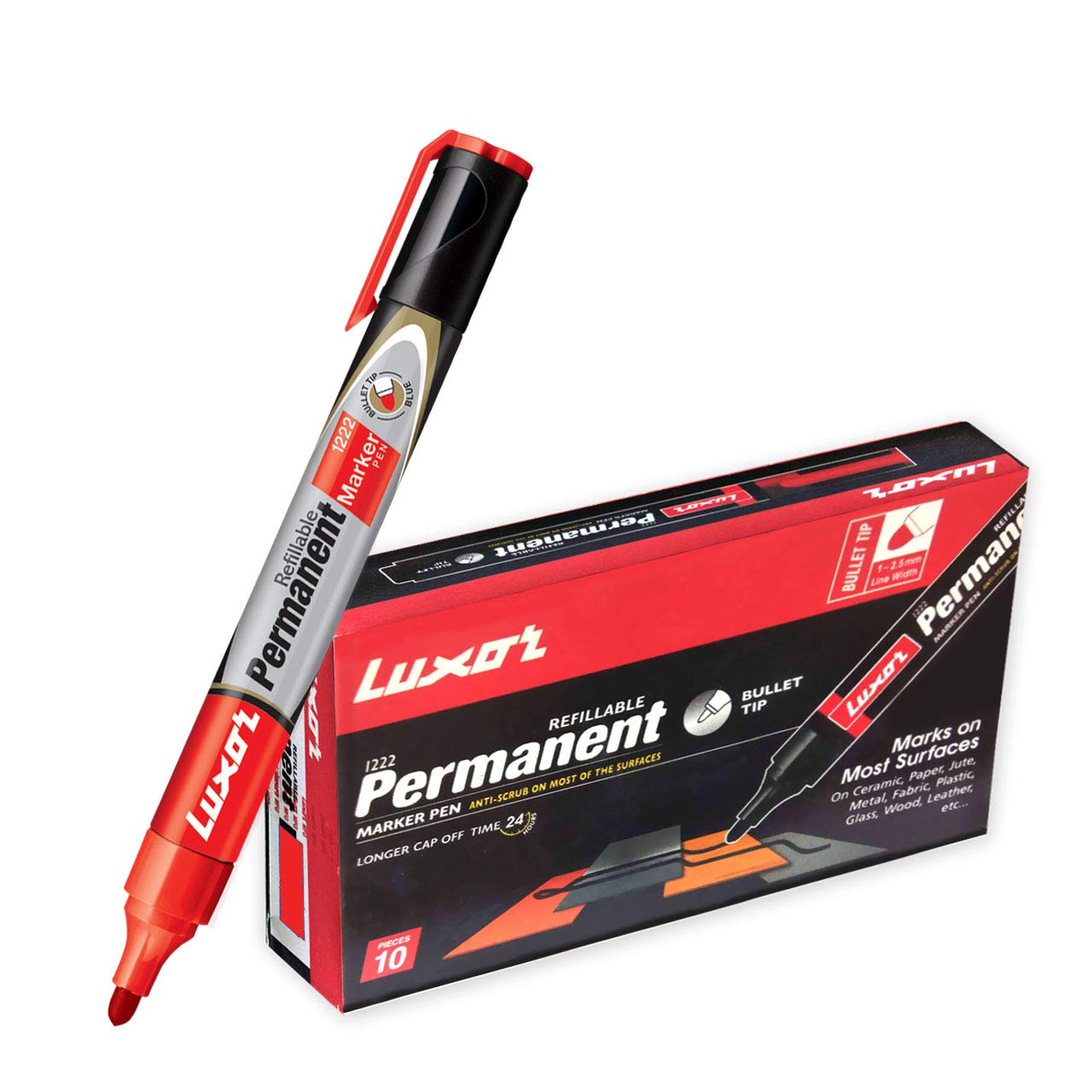 Luxor1222 Refillable Bold Poiunt Tip Permanent Marker - Red - Box of 10