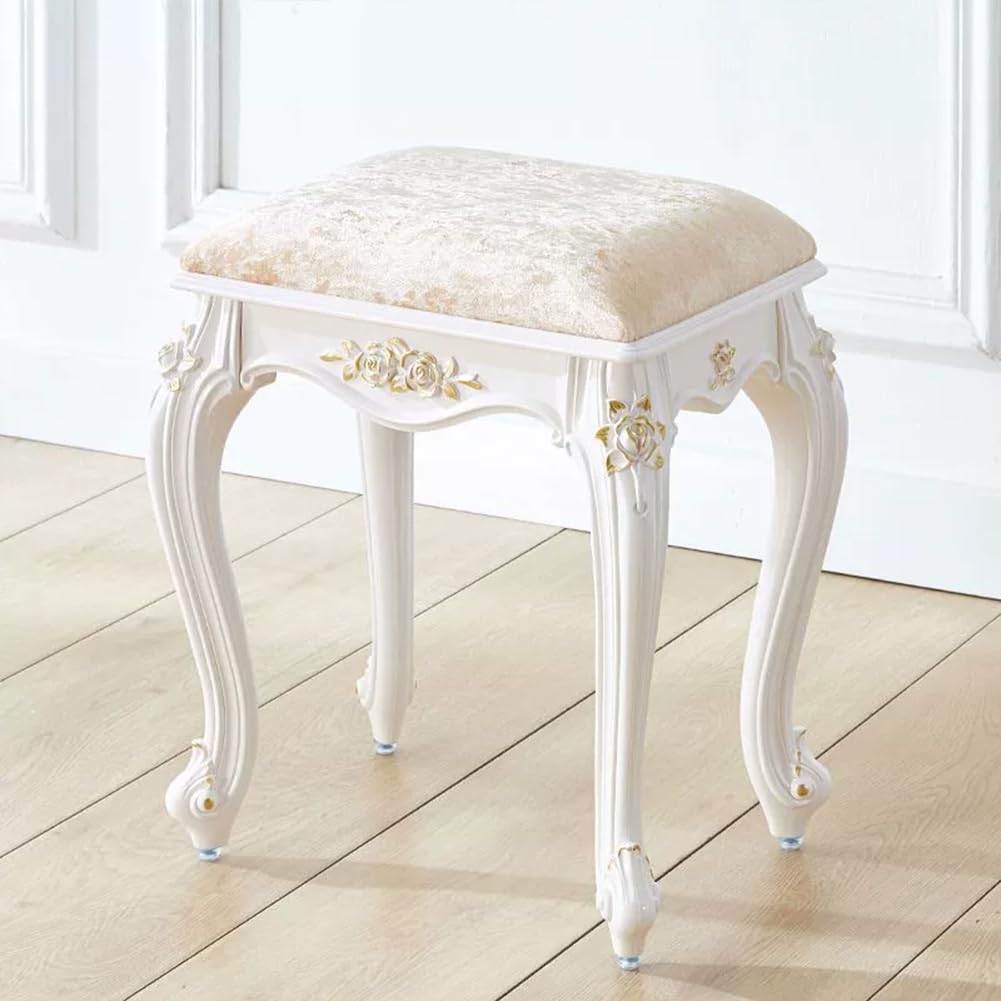 Taburete de tocador tapizado antiguo y silla sin brazos de estilo vintage tallado