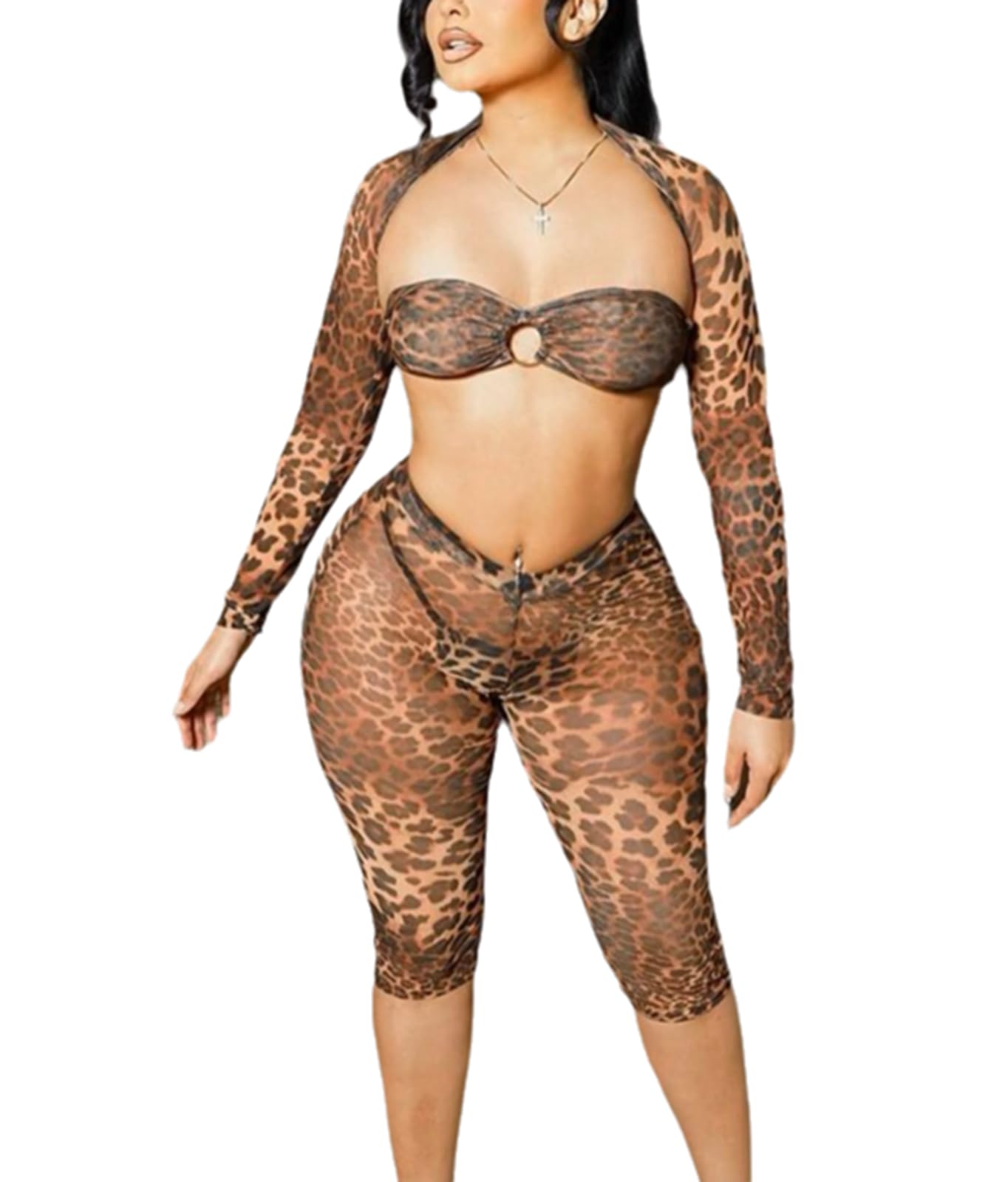 RISCUYY Cheetah Print Outfit for Women Sexy 3 Piece Stretchy See Through Sexy Club Outfits for Women Clubwear 2025