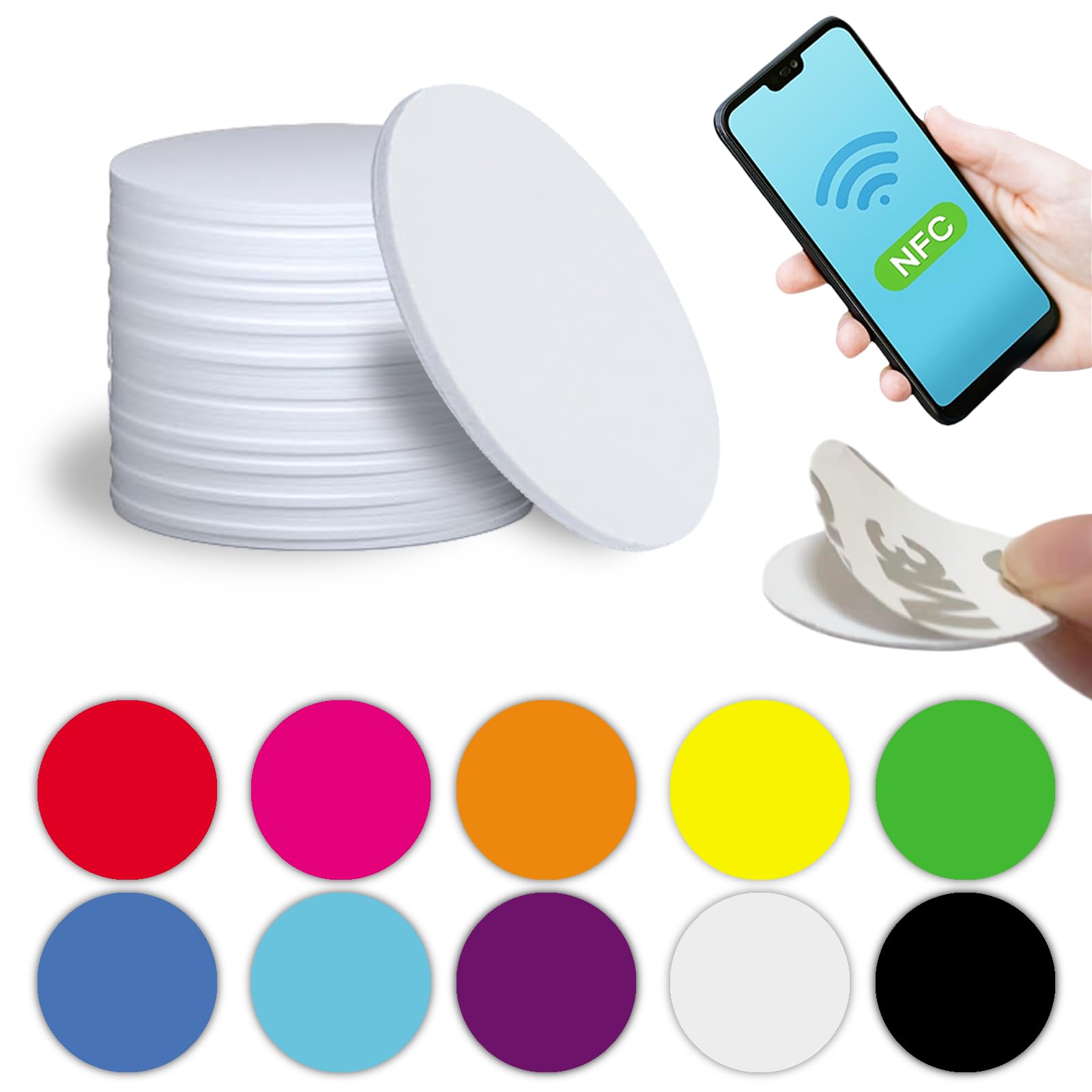 20x NFC Tag 30mm con Respaldo Adhesivo&Gomets Colores Surtidos Pegatinas Redondas - NTAG215 540 Byte | Tarjetas NFC Etiquetas NFC - Compatible con iPhone Atajos App | Android | Homekit Switch Amiibo