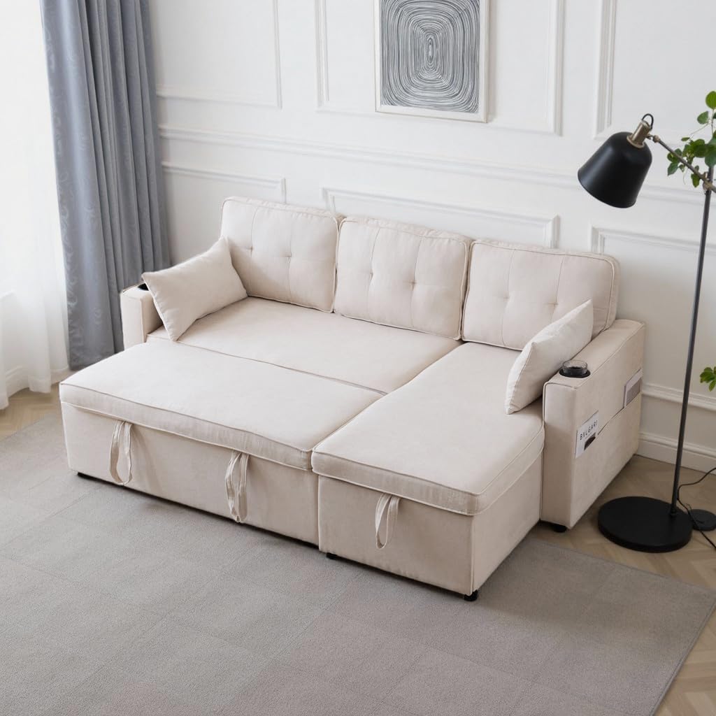 Soweiz Divano letto con funzione di sonno, divano a forma di L, design moderno, poltrona lounge con vano portaoggetti, con portabevande, divano letto, soggiorno e sinistra, intercambiabile (beige)