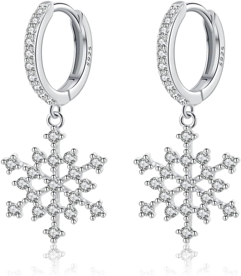 Reffeer Solid 925 Sterling Silver Snowflake Drop Earrings Hoops for Women Girls CZ Snowflake Dangle Earrings Huggie