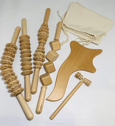 Juego de masaje anticelulítico, juego de herramientas de madera natural y 100% madera, ayuda en el drenaje linfático, juego de herramientas de