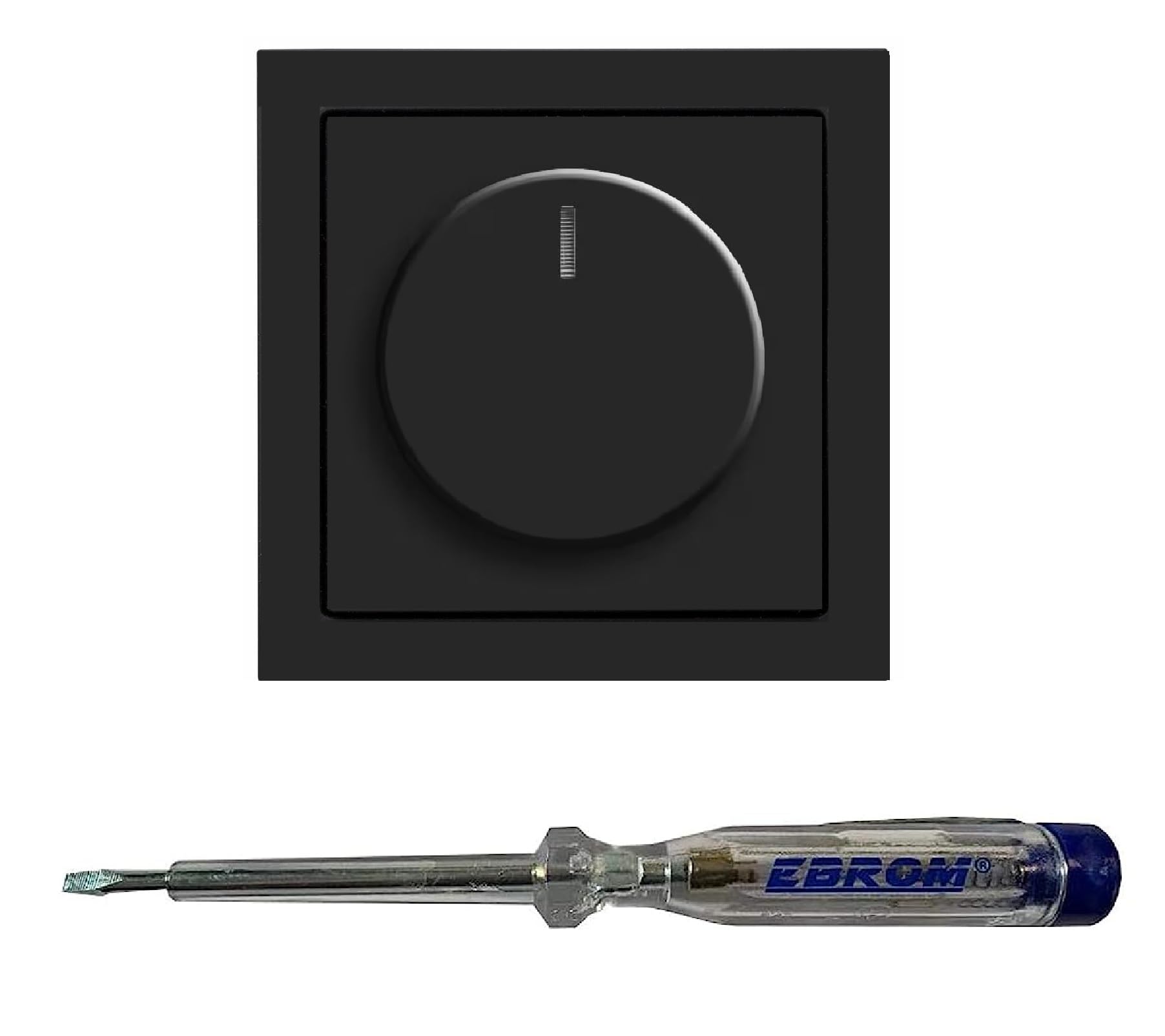 Busch Jäger 6523U-102 LED-Drehdimmer LED-Dimmer mit Dimmerscheibe Zentralplatte 6540-81-102 und Einfachrahmen in anthrazit glänzend inklusive EBROM Phasenprüfer zur Montage des Dimmers