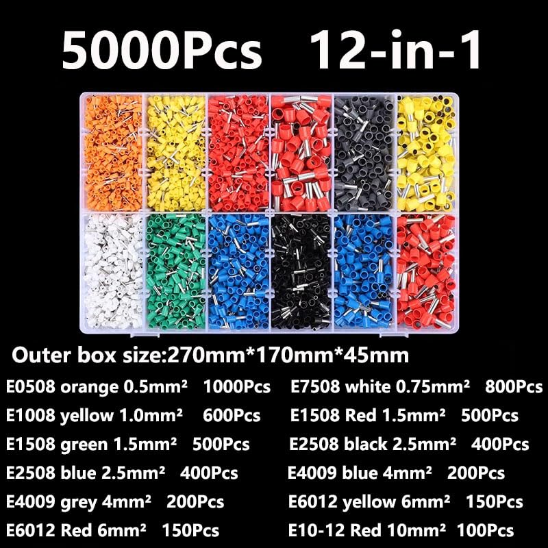 VE Crimp Terminals E7508 E1508 Cable Insulated Terminator Wire Crimp Tube Connector Ferrules Terminal Block Combination(12-in-1 5000Pcs)
