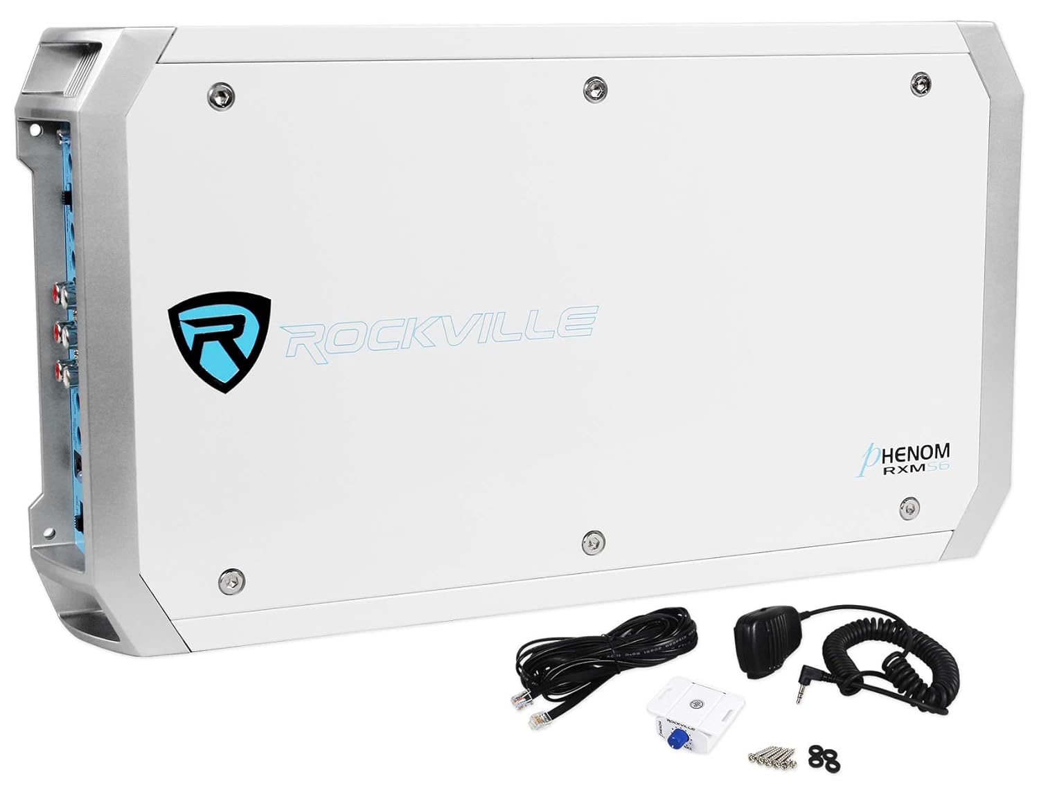 Rockville RXM-S6 2600W Peak 660W RMS 6-Channel Marine Amplifier PA Microphone Waterproof Design Bass Remote for Boats and