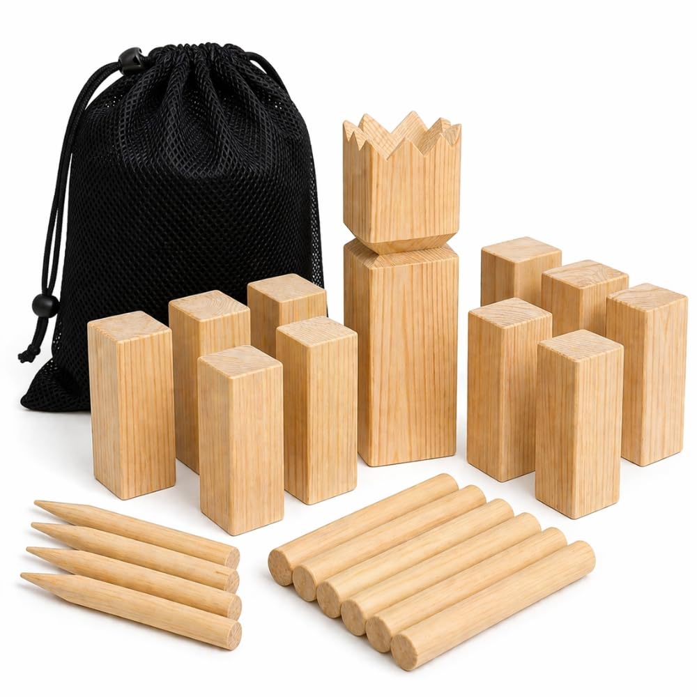 SHOP-STORY Jeu de Kubb en Bois, 21 Pièces, pour 2 à 12 Joueurs, Jeu d'Adresse d'Extérieur, avec Filet de Rangement, Dès 6 Ans