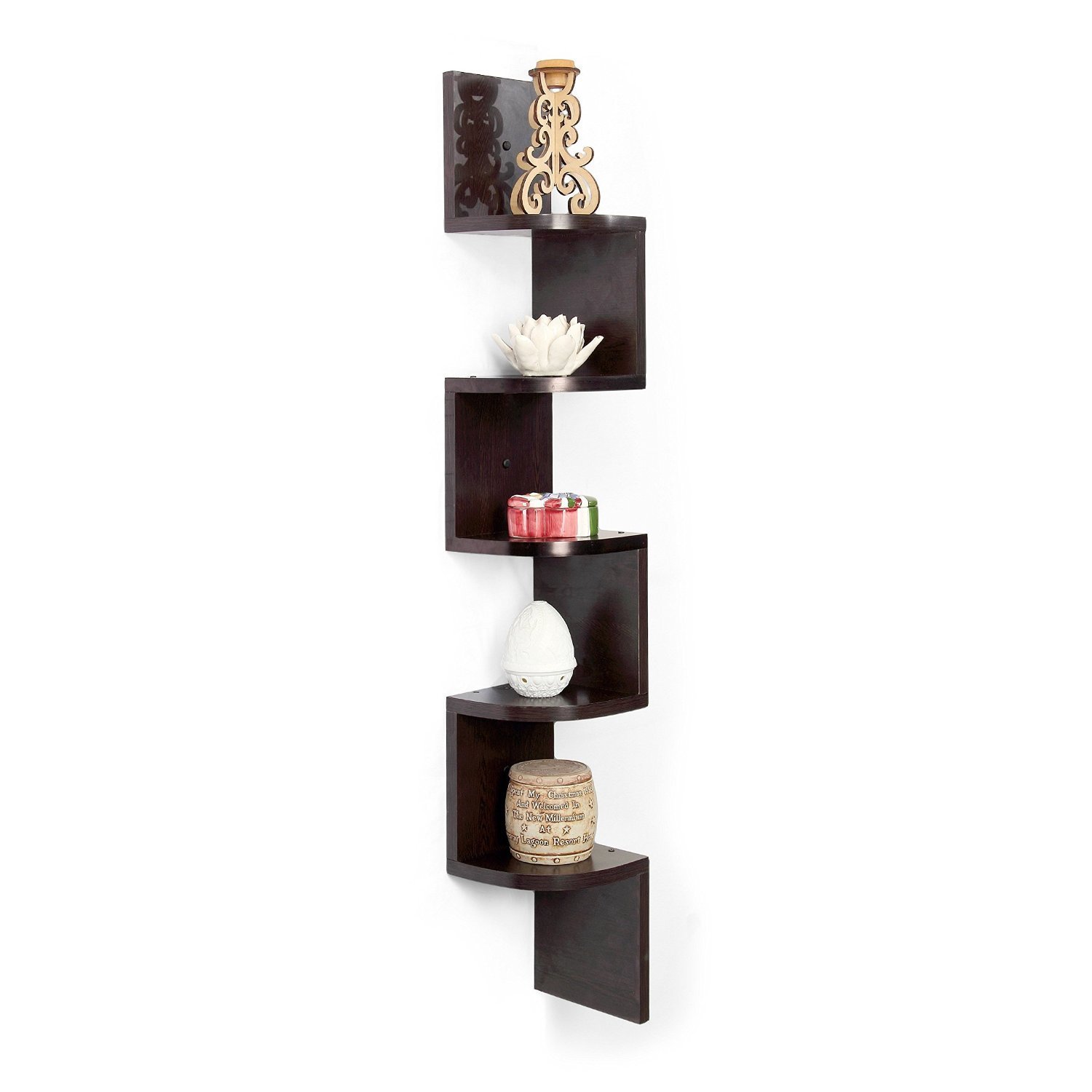 GRAZIA Zigzag Corner Wall Mount Shelf Unit (Walnut Finish, Brown) 2