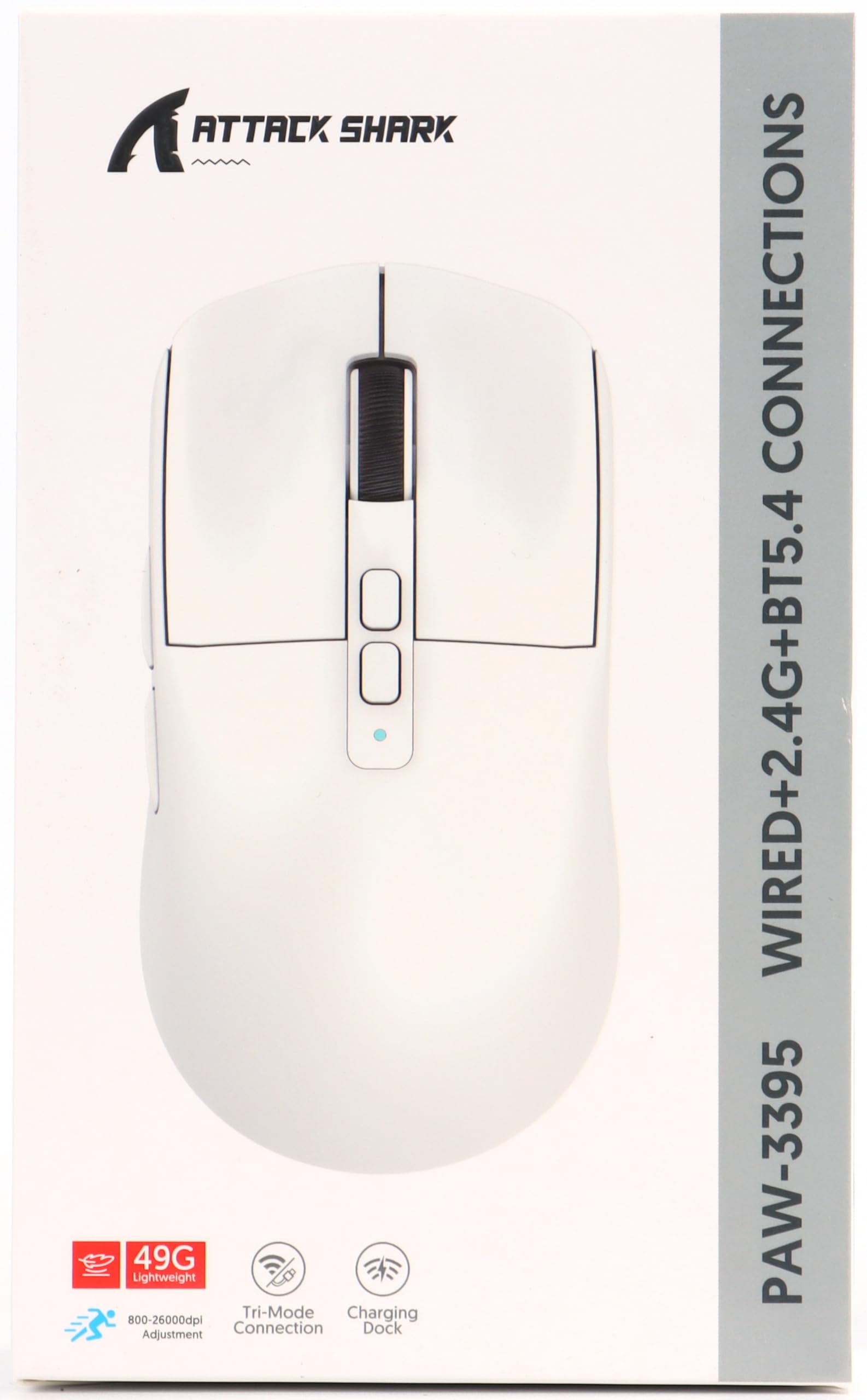 VGN GAMEPOWER ATTACK SHARK X6 SUPERLIGHT Mouse Gaming Wireless con Station di Carica, 49g Ultraleggero Mouse da Gioco G502, 26000DPI, PixArt PAW3395, 2.4G/Bluetooth/Cablato, Mouse Grip Tape, Nero