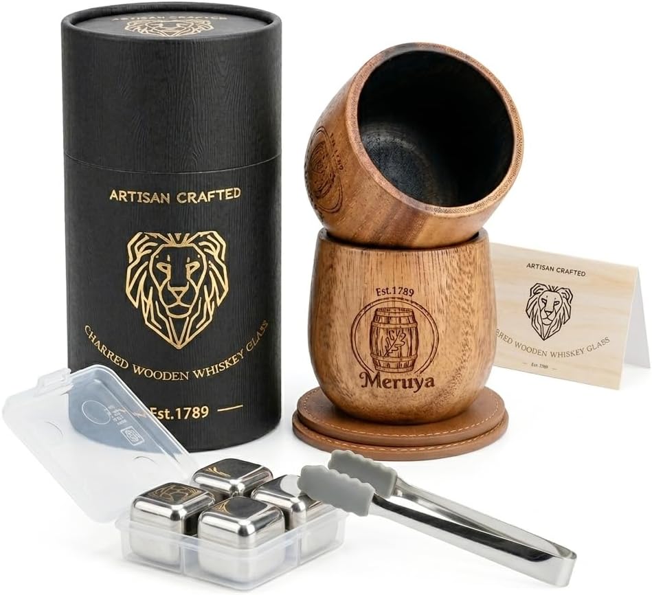 Premium Charred Wooden Bourbon Drinking Glass Set – 2 Handcrafted Whiskey Glasses (Acacia Wood Aroma Enhancing), 4 Whiskey Stones, Tongs & 2 Coasters, Bourbon Gifts for Men, Dad, Husband