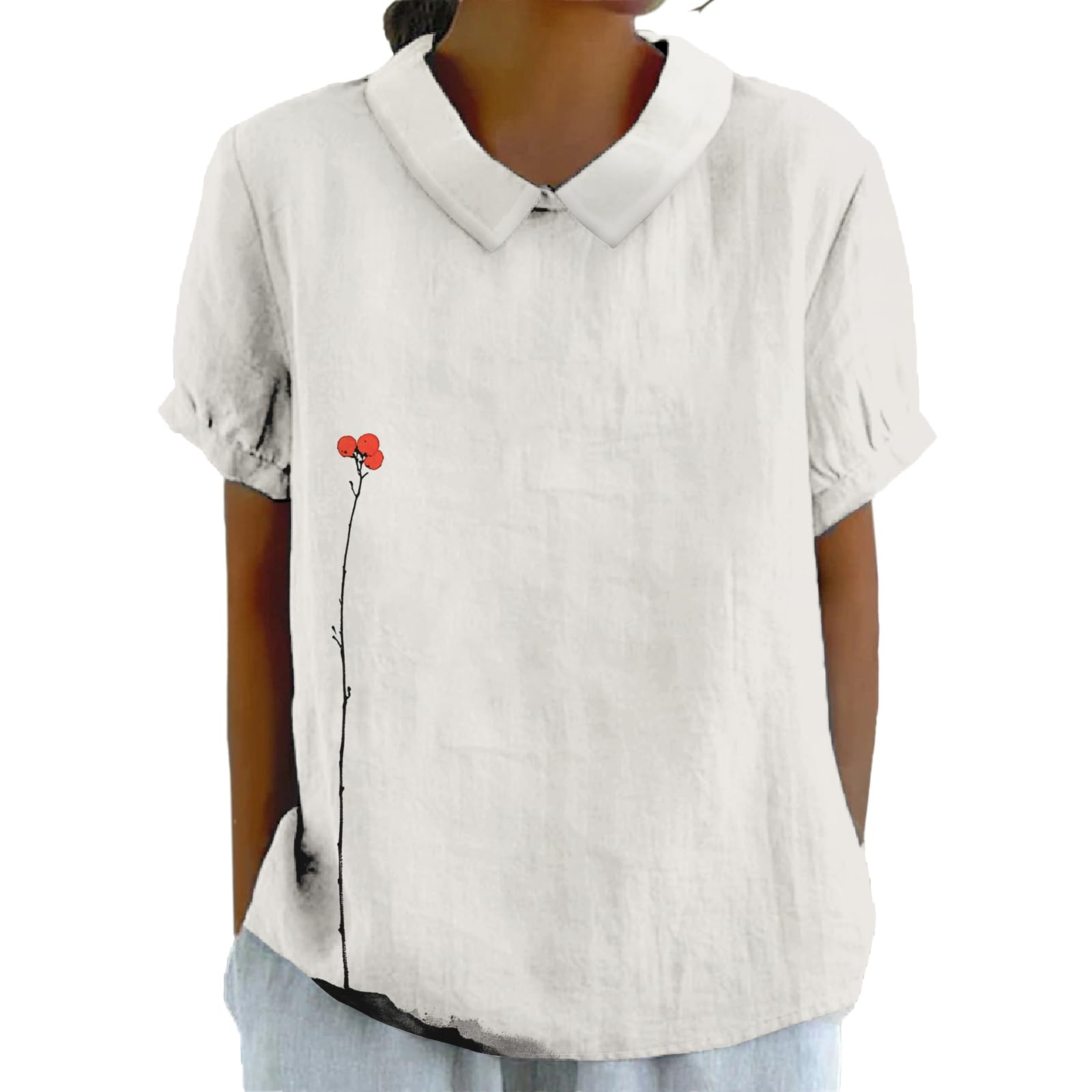 Elegant Graphic Shirt for Women Short Sleeve Collared Blouse Casual Fashion Loose Summer Tops Vintage Pullover