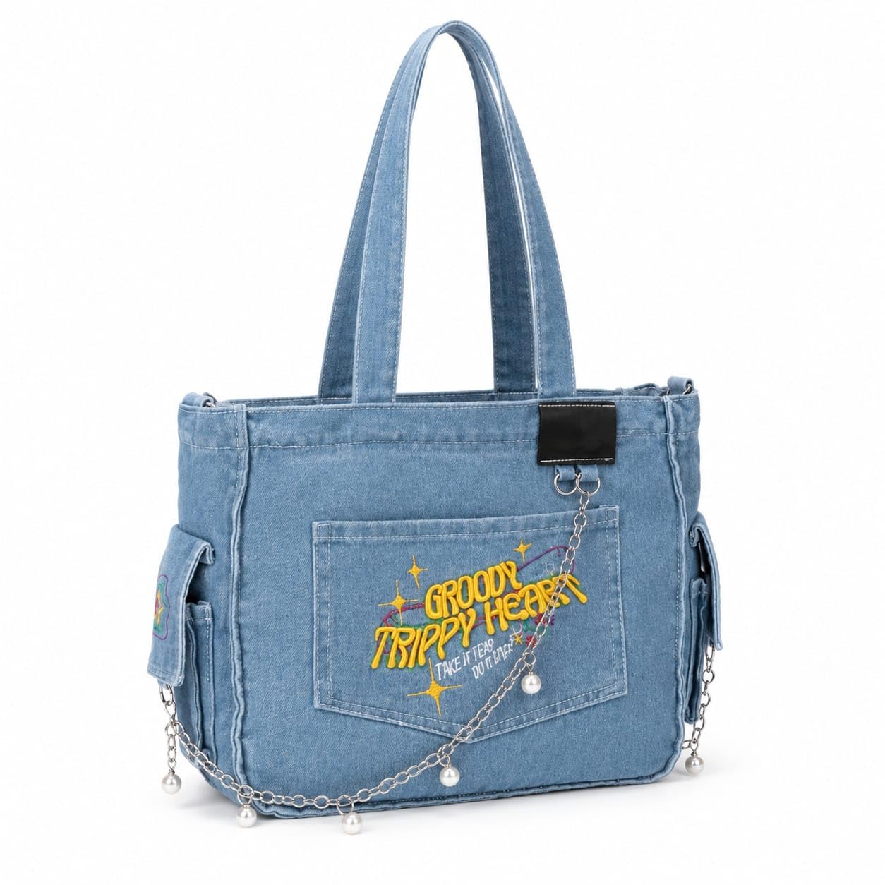 Women Denim HandBag with Embroidered Pocket & Chain-picture-11