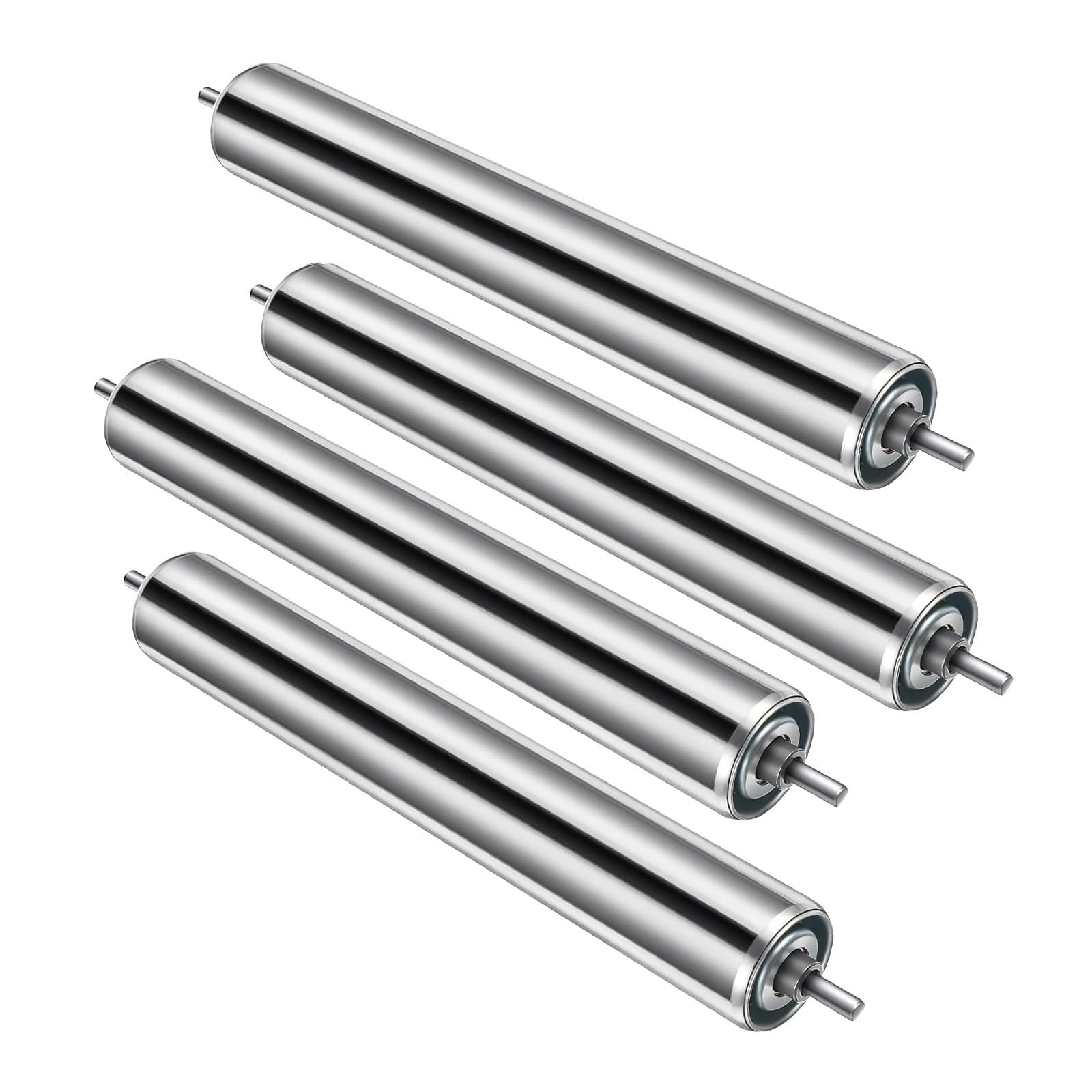Confezione da 4 rulli trasportatori in acciaio zincato, diametro 3,3 cm, lunghezza 10,2 - 101,6 cm, resistenti, per magazzini e aziende agricole, alta capacità di carico, finitura argento