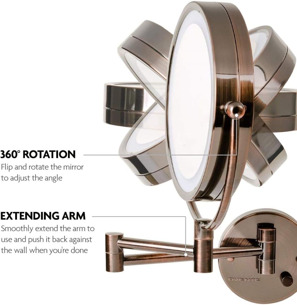 Get Popular Offer Ovente 8.5'' Hardwired Lighted Wall Mount Makeup Mirror, 1X & 7X Magnifier w/ Dimmer Switch, Spinning Double Sided Round White LED, Extend & Fold, Retractable Arm, Antique Brass MPWD3185AB1X7X