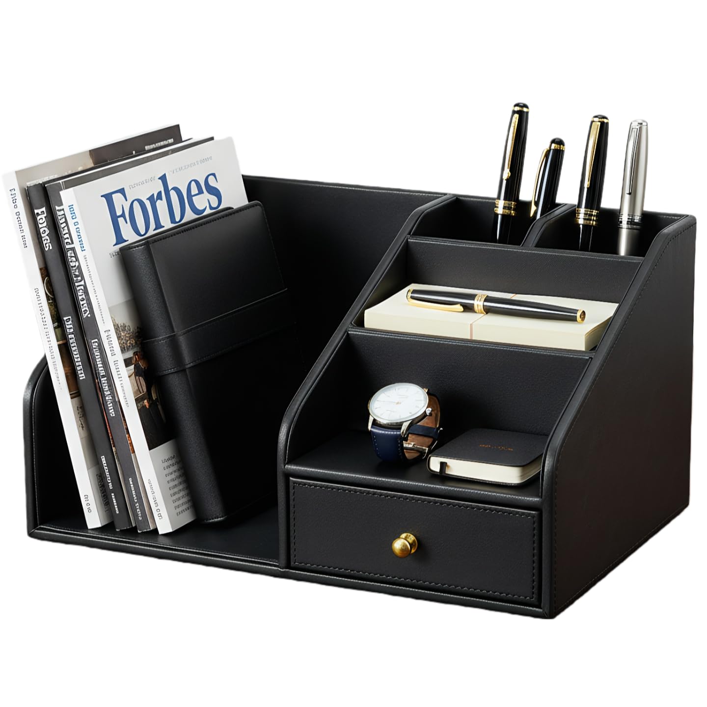 KINGFOM Organizer da scrivania in pelle PU con cassetto – Scatola portaoggetti da scrivania multi-scomparto per forniture per ufficio, posta, penne, accessori – nero e marrone Home Office Caddy (nero)