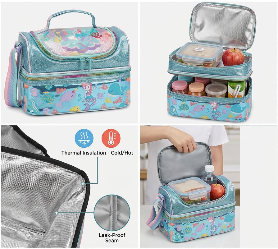 Image of Kids Double Decker Cooler Insulated Lunch Bag Large Tote for Boys, Girls, Men, Women, with Adjustable Strap (Mermaid-Bag)