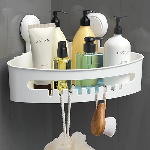 Corner Shower Caddy Suction Cup, Reusable Plastic Shower Caddy Holds up to 22LB, Shower Corner Shelf for Shampoo Conditioner, Wall Mount Shower Organizer Corner Shower Basket for Bathroom & Kitchen