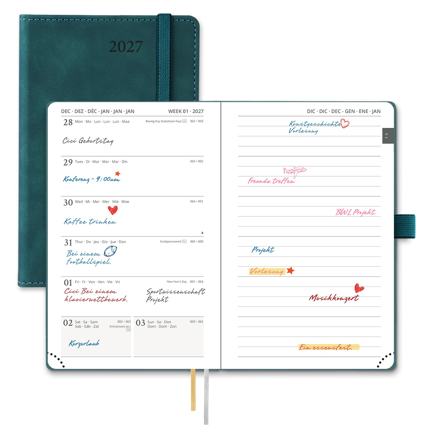 POPRUN Taschenkalender 2027 Wochenplaner mit Notizen A6 mit PU-Softcover | (15,6 x 10cm),(Jan.2027-Dez.2027),Klender 1 Woche 1 Seite(Montag - Sonntag),Terminplaner mit 100 GSM Papier(Petrolgrün)