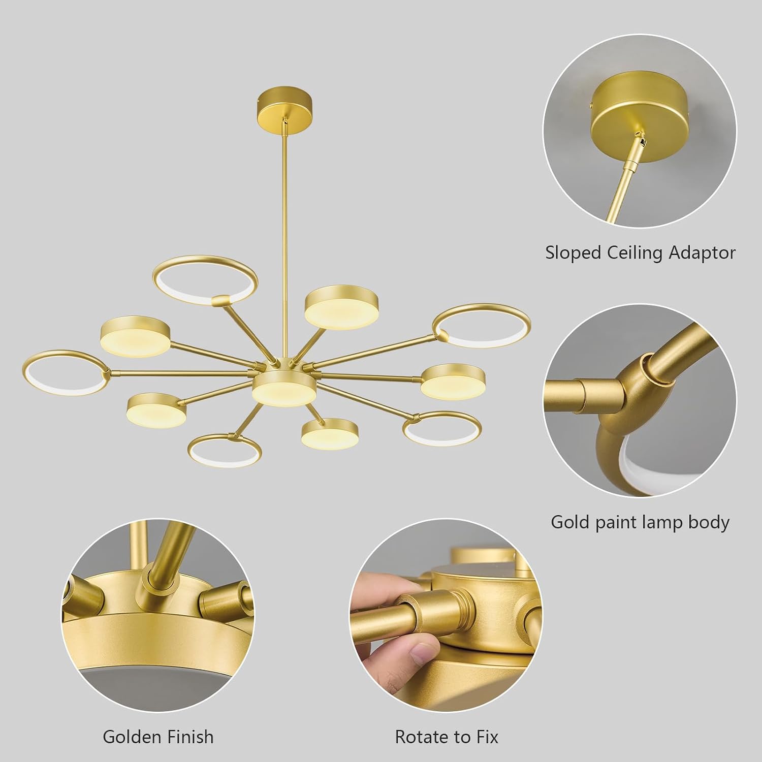 Modern LED Chandeliers Round Pendant Light Farmhouse Gold Sputnik Chandelier Mid Century Ceiling Light Fixtures for Dining Room Bedroom Living Room Kitchen Hallway Foyer（11-Light）