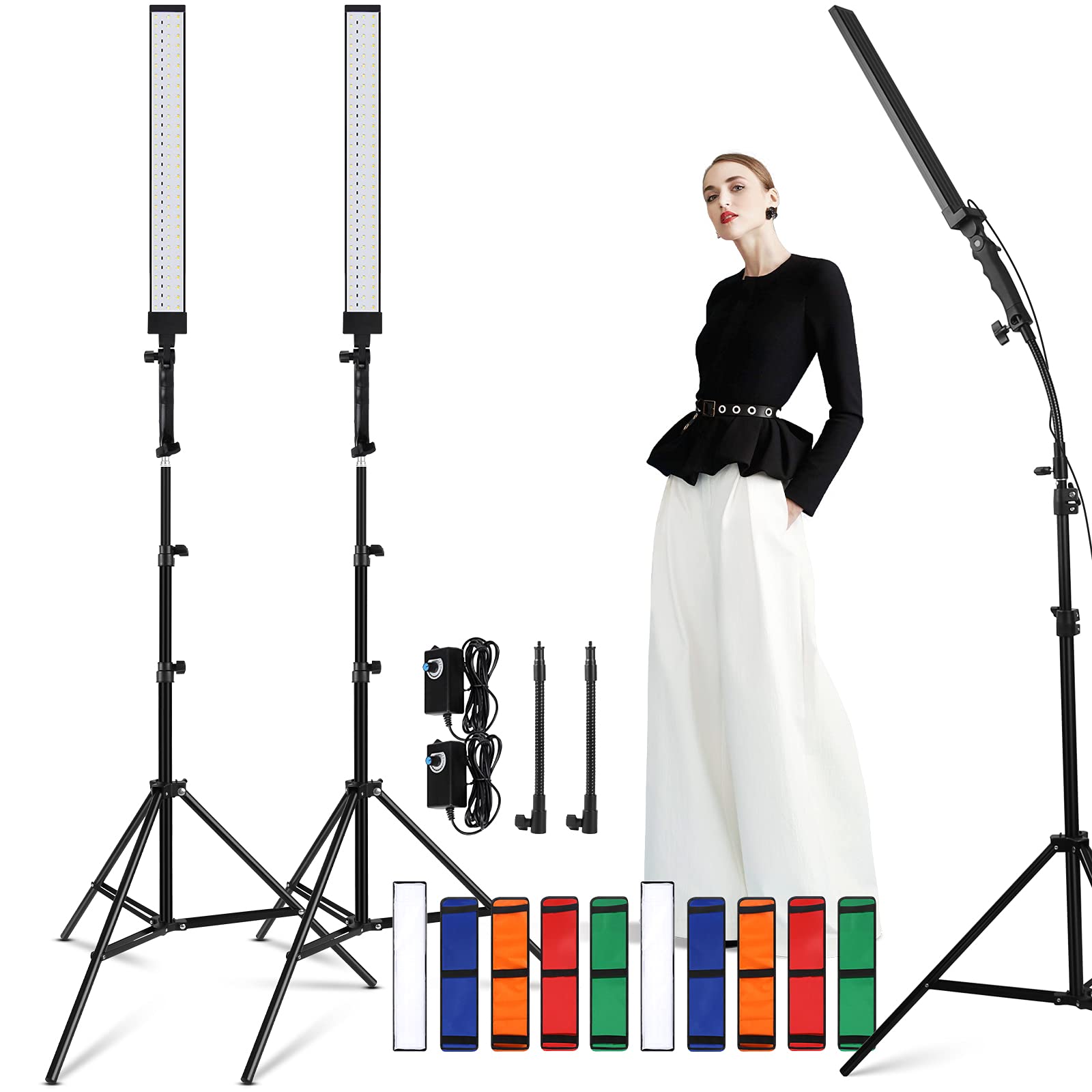 LED Video Light, Dimmable Photography Studio Lighting Kit with 4 Colour Cloth and 2M Adjustable Light Stand Tripod for YouTube Video Filming Portraits (2 Pack)