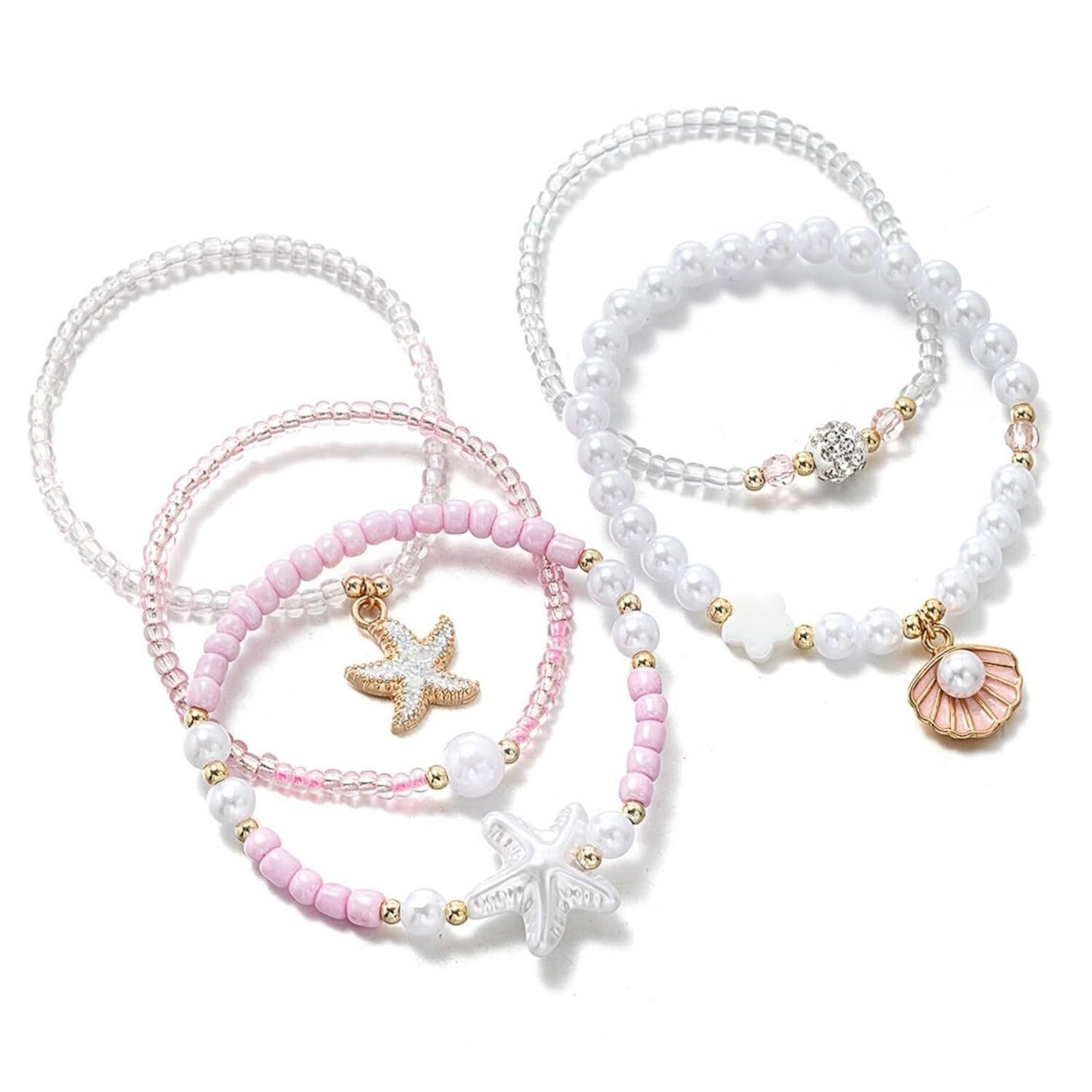 YDYDTTKD 5 Pulseras de Perlas elásticas apilables con Perla Rosa y Blanca, Concha de Estrella de mar, joyería temática de Playa de Verano para Mujer