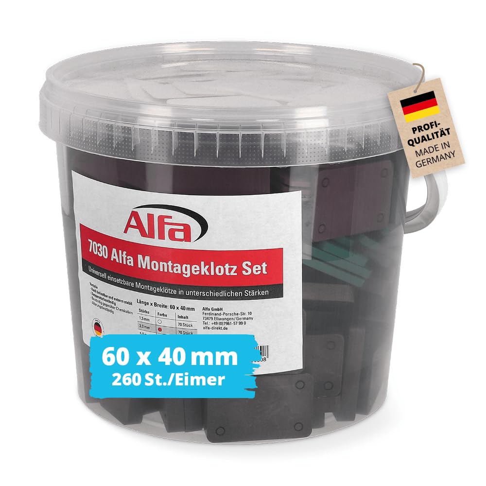 Alfa Montageklotz Set Unterlegplatten | 60 x 40 mm, 260 Stück | Abstandshalter, Plättchen aus Kunststoff | Tragfähigkeit bis 16 t | Set: 1.5, 3, 5, 10 mm