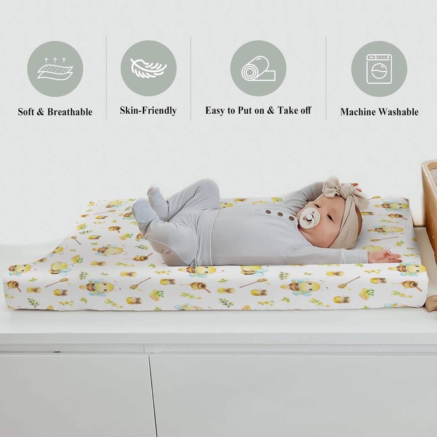 Bee Honey Changing Pad Covers for Baby Girls Boys Cute Bees Honeycomb Floral Leaves Fitted Change Table Pad Covers Mats Summer Spring Garden Soft Diaper Change Table Cover Sheets for 32''×16''