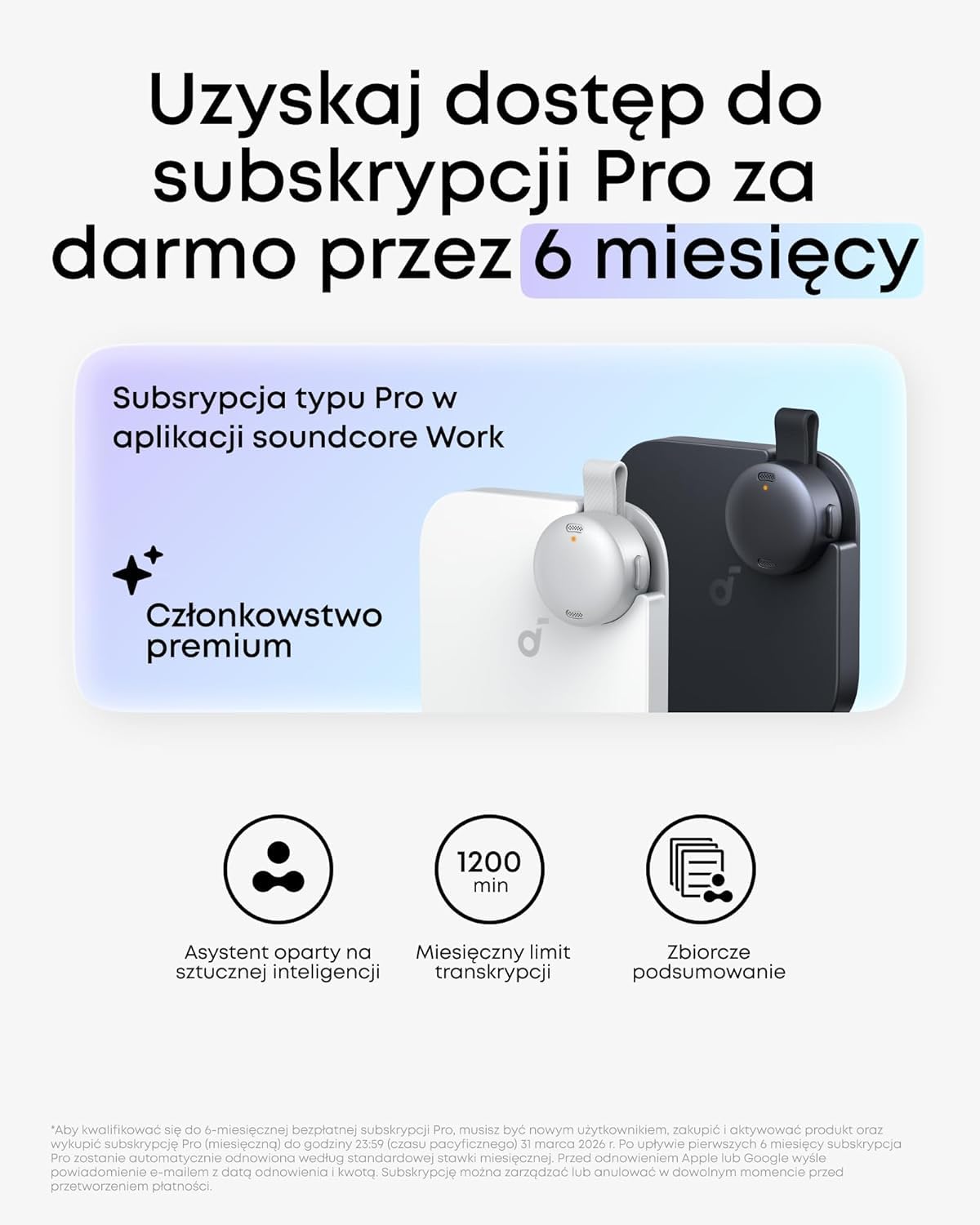 Przenośny dyktafon Anker soundcore Work (odnowiony) – AI transkrypcja, notatki, streszczenia, certyfikat MFi
