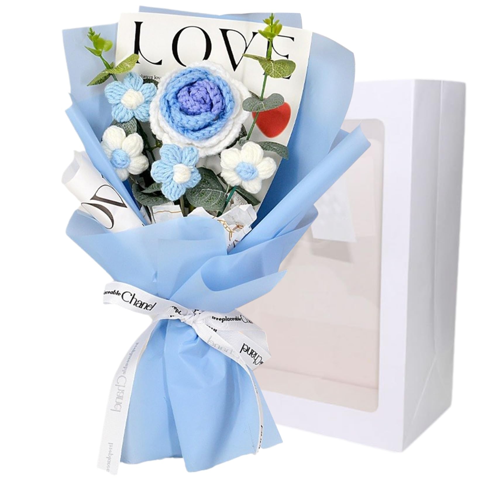 Bouquet de Fleurs au Crochet Roses 7.9x11.8" 5 Têtes Tricotées Mariage Bleu