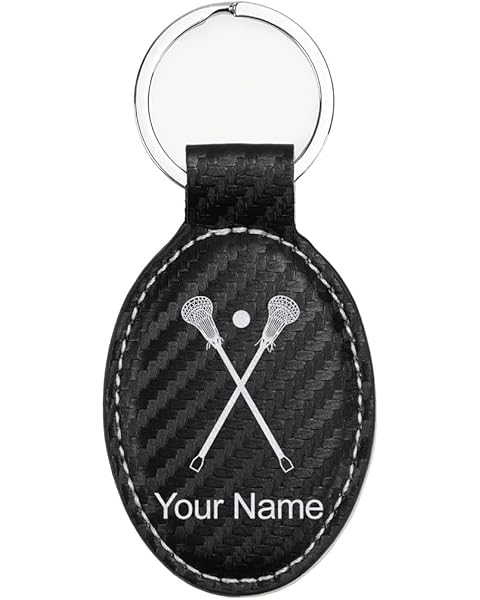 LaserGram Oval Keychain, Lacrosse Sticks, Personalized Engraving Included