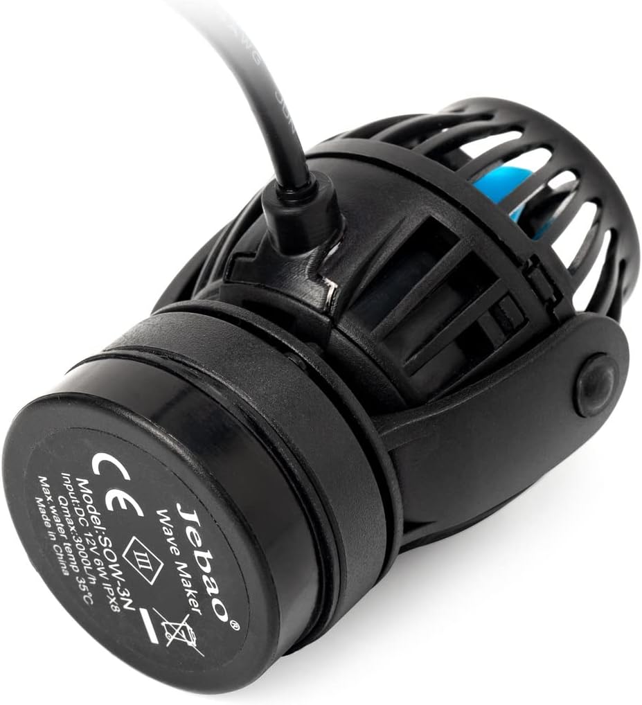 Azu view of the Jebao SOW-3N Wave Maker pump, showing the model number and power specifications.