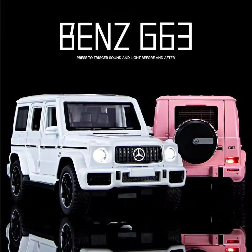 Image of Diecast Mercedes AMG G63 G-Wagon Toy Car - 1:32 Scale Alloy Car with Light & Sound, Pull-Back Off-Road Jeep Toy for Kids & Collectors, Gift for Boys & Enthusiasts (White)